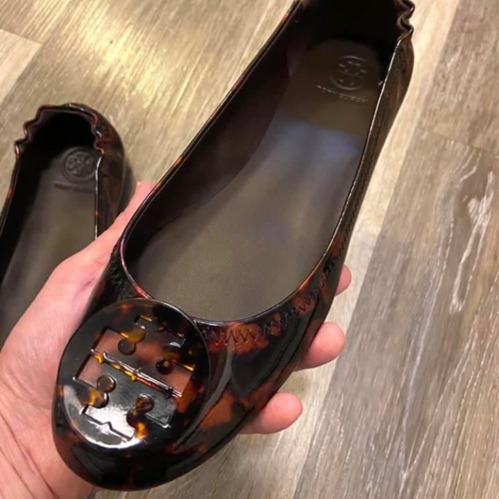 Tory Burch Tortoiseshell Brown Patent Minnie Travel Ballet Flats